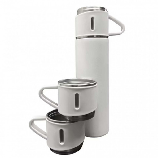 Set 3 piese: Termos 500 ml + 2 cesti, otel inoxidabil, Alb