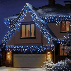 Instalatie de Craciun tip franjuri, 36 metri lungime, 900 LED, Alb rece + Albastru
