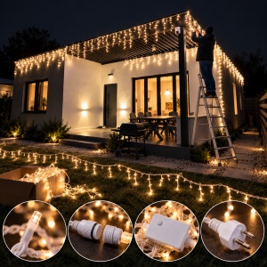 Instalatie exterior 50 metri, franjuri cu joc de lumini, 1000 led, fir alb gros