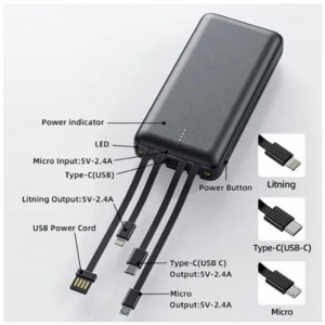 Baterie externa 10.000 mAh, 4 in 1 - USB, Lightning, MicroUSB, USB-C    Design modern si ergonomic, cu un ecran complet de sticla si cu afisaj LED.  Display LED Capacitate: 10.000 mAh port USB pentru incarcarea telefonului sau a altor dispozitive Greutate