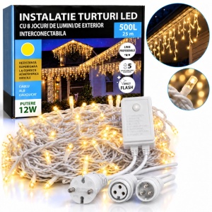 Instalatie exterior 25 metri, franjuri cu joc de lumini, 500 led, fir alb gros