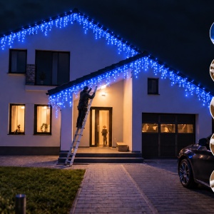 Instalatie exterior 35 metri, franjuri cu joc de lumini, 700 led, fir alb gros