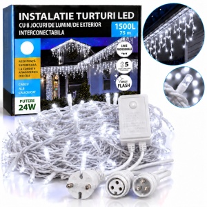 Instalatie exterior 75 metri, franjuri cu joc de lumini, 1500 led, fir alb gros