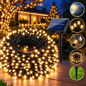 Instalatie solara exterior 100 metri, 880 Led Albastru, incarcare USB si telecomanda