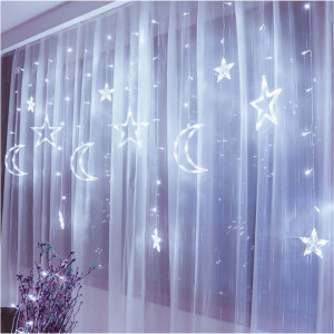 Instalatie Craciun - perdea luminoasa cu stele si luna, Alb Rece