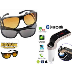 Set 2 ochelari de condus zi si noapte + Modulator FM auto MP3 Bluetooth