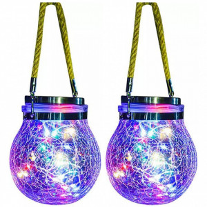 Set 2 x Lampa solara cu LED, tip felinar solar din sticla, Multicolor