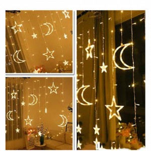 Instalatie Craciun - perdea luminoasa cu stele si luna, Alb Cald