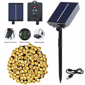 Instalatie solara exterior 50 metri, 500 Led Alb Cald, incarcare USB si telecomanda