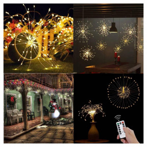 Set 2 x Instalatie artificii 240 LED, cu telecomanda, Alb Cald