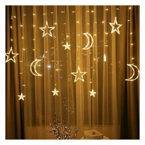 Instalatie Craciun - perdea luminoasa cu stele si luna, Alb Cald