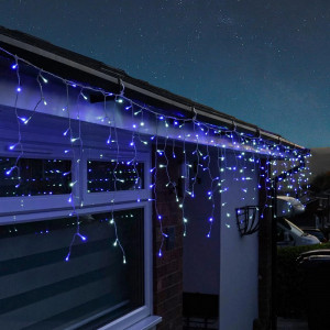 Instalatie perdea luminoasa cu franjuri inegali, lungime 12 m, 300 LED-uri Albastre