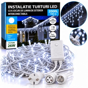 Instalatie exterior 100 metri, franjuri cu joc de lumini, 2000 led, fir alb gros