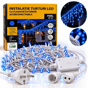 Instalatie exterior, 35 metri, turturi cu FLASH, 700 LED Albastru, fir alb gros