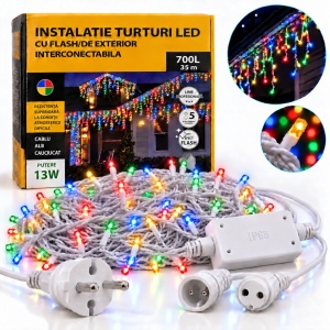 Instalatie exterior, 35 metri, turturi cu FLASH, 700 LED Multicolor, fir alb gros