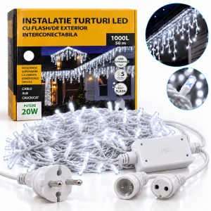 Instalatie exterior, 50 metri, turturi cu FLASH, 1000 LED Alb Rece, fir alb gros