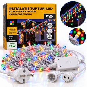 Instalatie exterior, 50 metri, turturi cu FLASH, 1000 LED Multicolor, fir alb gros