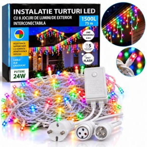 Instalatie exterior 75 metri, franjuri cu joc de lumini, 1500 led, fir alb gros