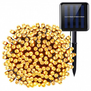 Instalatie solara franjuri, 300 Led, 12 metri, Alb Cald