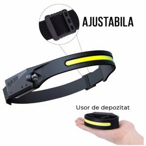 Lanterna de cap cu acumulator, unghi larg de iluminare, 350 lumeni si senzor miscare
