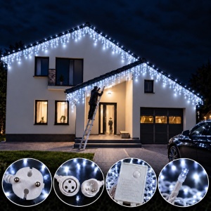 Instalatie exterior 25 metri, franjuri cu joc de lumini, 500 led Alb Rece, fir gros