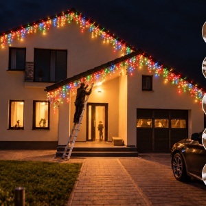 Instalatie exterior 35 metri, franjuri cu joc de lumini, 700 led, fir alb gros
