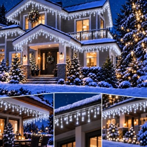 Instalatie exterior, 50 metri, turturi cu FLASH, 1000 LED Alb Rece, fir alb gros