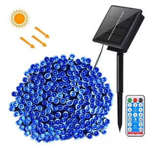 Instalatie solara exterior 30 metri, 300 Led Albastru, incarcare USB si telecomanda