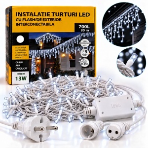Set 2 x Instalatie exterior, 35 metri, turturi cu FLASH, 700 LED Alb Rece, fir alb gros