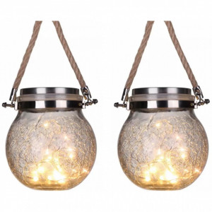 Set 2 x Lampa solara cu LED, tip felinar solar din sticla, Alb Cald