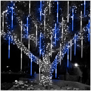 Instalatie 16 turturi luminosi, iluzia unor fulgi de zapada in cadere, Alb rece + Albastru