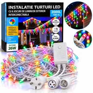 Instalatie exterior 100 metri, franjuri cu joc de lumini, 2000 led, fir alb gros
