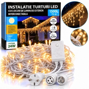 Instalatie exterior 75 metri, franjuri cu joc de lumini, 1500 led, fir alb gros