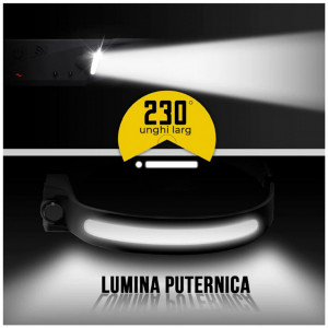 Lanterna de cap cu acumulator, unghi larg de iluminare, 350 lumeni si senzor miscare