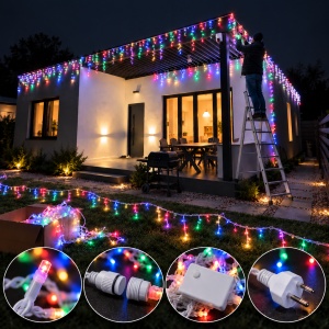 Instalatie exterior 50 metri, franjuri cu joc de lumini, 1000 led, fir alb gros - Img 3