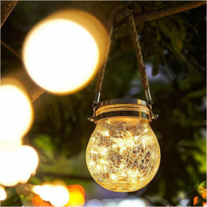 Set 2 x Lampa solara cu LED, tip felinar solar din sticla, Alb Cald