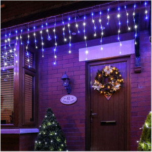 Instalatie de Craciun tip franjuri, 36 metri lungime, 900 LED, Alb rece + Albastru
