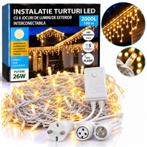 Instalatie exterior 100 metri, franjuri cu joc de lumini, 2000 led, fir alb gros