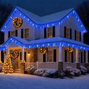Instalatie exterior, 25 metri, turturi cu FLASH, 500 LED Albastru, fir alb gros