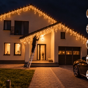 Instalatie exterior 35 metri, franjuri cu joc de lumini, 700 led, fir alb gros