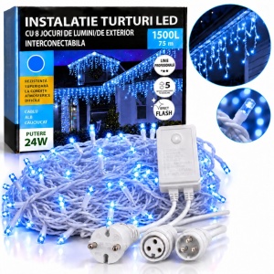 Instalatie exterior 75 metri, franjuri cu joc de lumini, 1500 led, fir alb gros