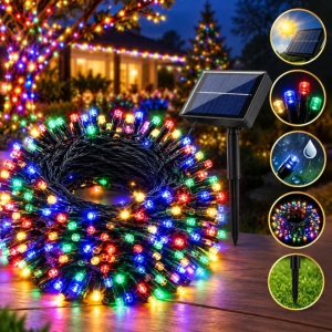 Instalatie solara exterior 100 metri, 880 Led Albastru, incarcare USB si telecomanda