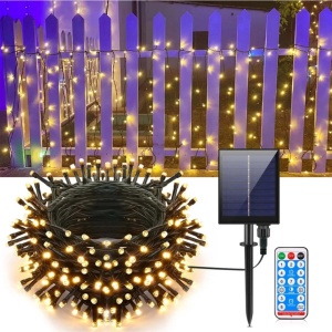 Instalatie solara exterior 30 metri, 300 Led Alb Cald, incarcare USB si telecomanda