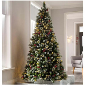 Brad artificial cu varfuri ninse, decorat cu Conuri si fructe de padure, 180 cm