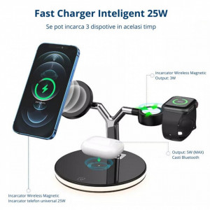 Incarcator Wireless 3 in 1, fast-charge, 25W, compatibil cu AirPods, iWatch, iPhone, Samsung