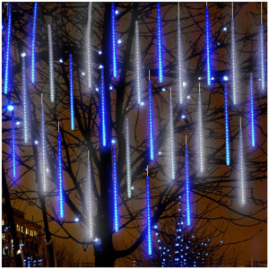 Instalatie 16 turturi luminosi, iluzia unor fulgi de zapada in cadere, Alb rece + Albastru