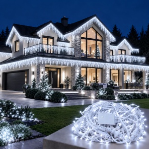 Instalatie exterior 25 metri, franjuri cu joc de lumini, 500 led, fir alb gros