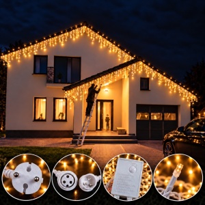 Instalatie exterior 25 metri, franjuri cu joc de lumini, 500 led, fir alb gros
