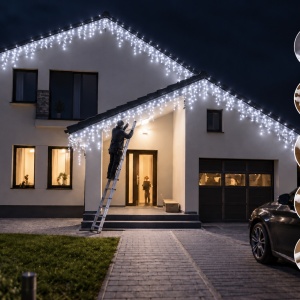 Instalatie exterior 35 metri, franjuri cu joc de lumini, 700 led, fir alb gros