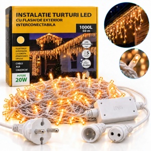 Instalatie exterior, 50 metri, turturi cu FLASH, 1000 LED Alb Cald, fir alb gros